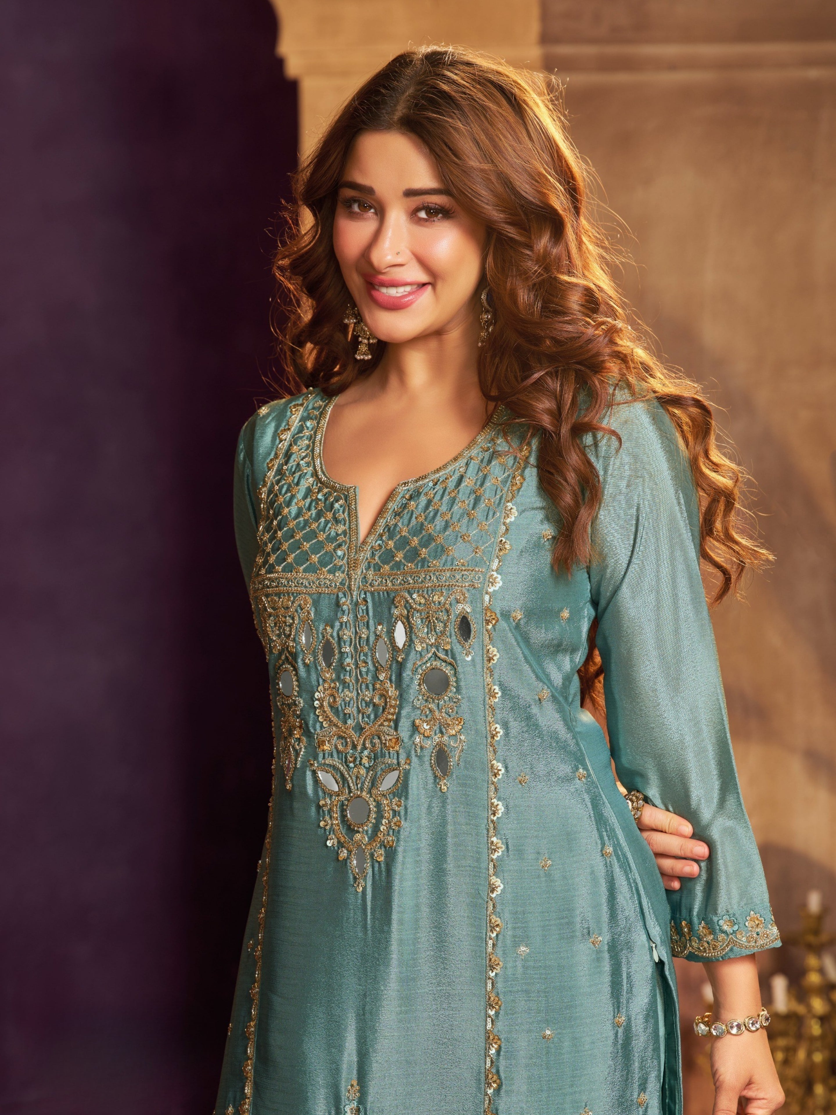 Dusty Teal Blue Chinon Suit, Sharara And Dupatta with Zari, Cutdana, Sequins and Mirror Work